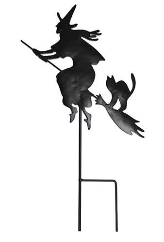 19" Black Silhouette Witch on Broom w/ Cat Metal Stake