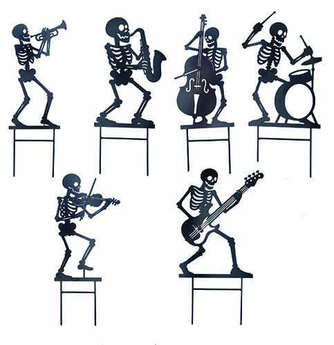 22" Metal Halloween Skeleton Muscians On Stake, 6 Asst