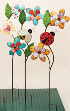 32" Metal Flowers with Insects on Stake