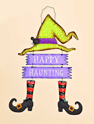 22" Metal Hanging Witch and Sign, Happy Haunting