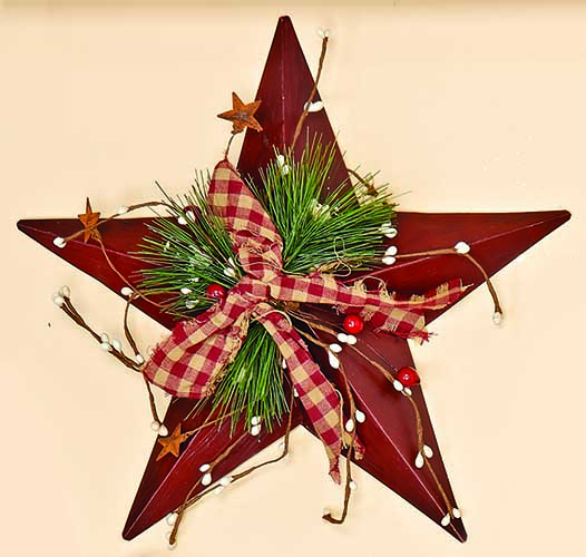12" Brown Metal Star With Gingham Bow, Berries & Pine