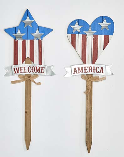 35" Americana Heart & Star Garden Stakes, 2 Assorted