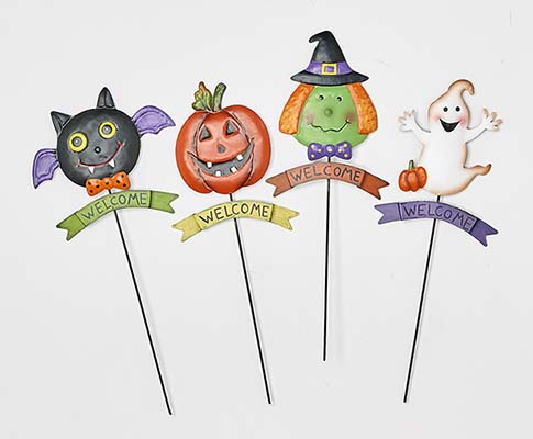 5" Metal Halloween Figures on 7" Metal Stick, 4 Asst