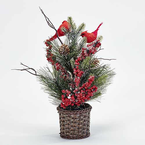 16" Red Berries Pine Cardinals Potted Artificial Arrangement