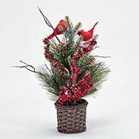 16" Red Berries Pine Cardinals Potted Artificial Arrangement