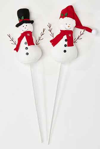 11" Snowman on 16" Stick w/ Hat Planter Pick, 2 Asst