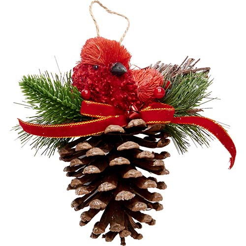 Red Sisal Cardinal Ornament On Pine Cone
