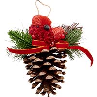 Red Sisal Cardinal Ornament On Pine Cone