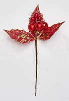 10" Red Glittered Ball & Leaves Pick