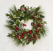 22" Variegated Holly Pine Berry Wreath