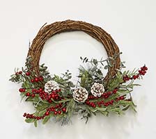 20" Pine Needle, Pine Cone Red Berries Half Wreath