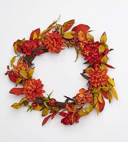 22" Fall Mums & Leaves Wreath