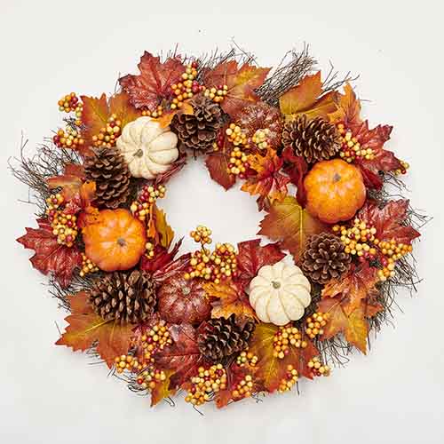 24" Pumpkin Berries Pine Cone Wreath on Wild Twig Base