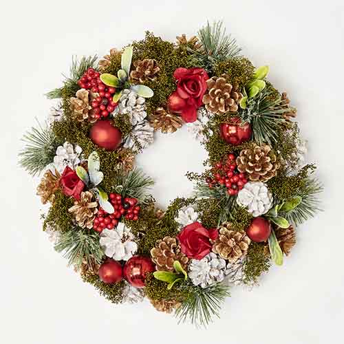 12" Pine Needle Red Balls & Pine Cones Wreath