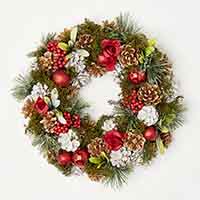 12" Pine Needle Red Balls & Pine Cones Wreath