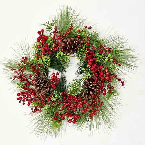 24" Boxwood Leaves Berries Pine Cones Wreath on Natural Twig Base