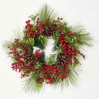 24" Boxwood Leaves Berries Pine Cones Wreath on Natural Twig Base
