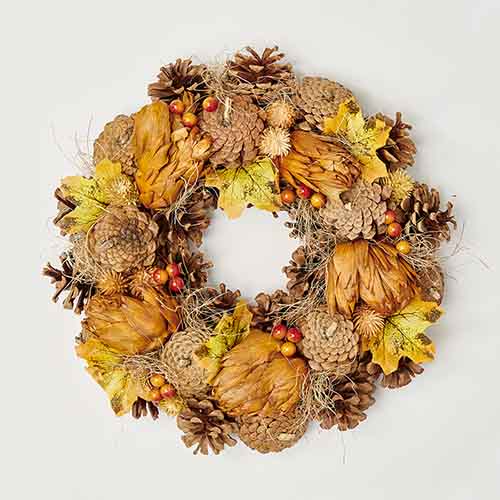 13" Fall Leaves Artichokes Pine Cones & Berries Wreath