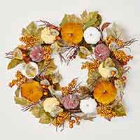 20" Fall Leaves Velvet Pumpkin & Berries Wreath on Natural Twig Base