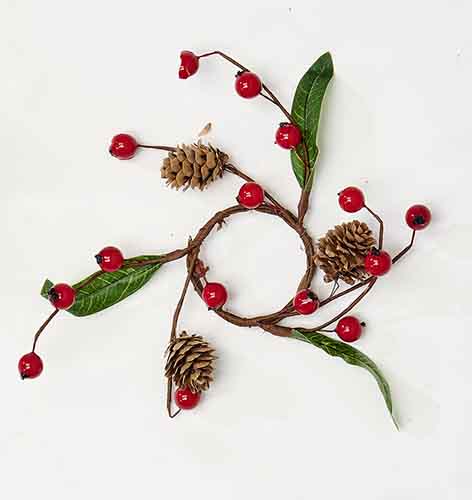2" Red Berries Pine Cones Leaves Candle Ring
