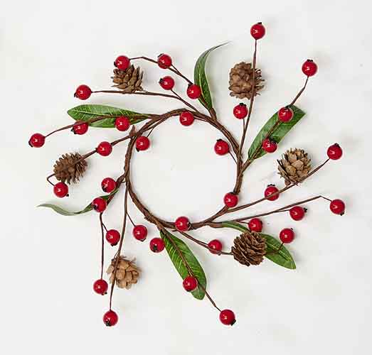 3.5" Red Berries Pine Cones Leaves Candle Ring