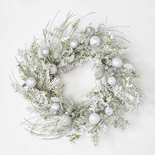 24" White Glittered Ball And Foliage Wreath