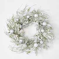 24" White Glittered Ball And Foliage Wreath